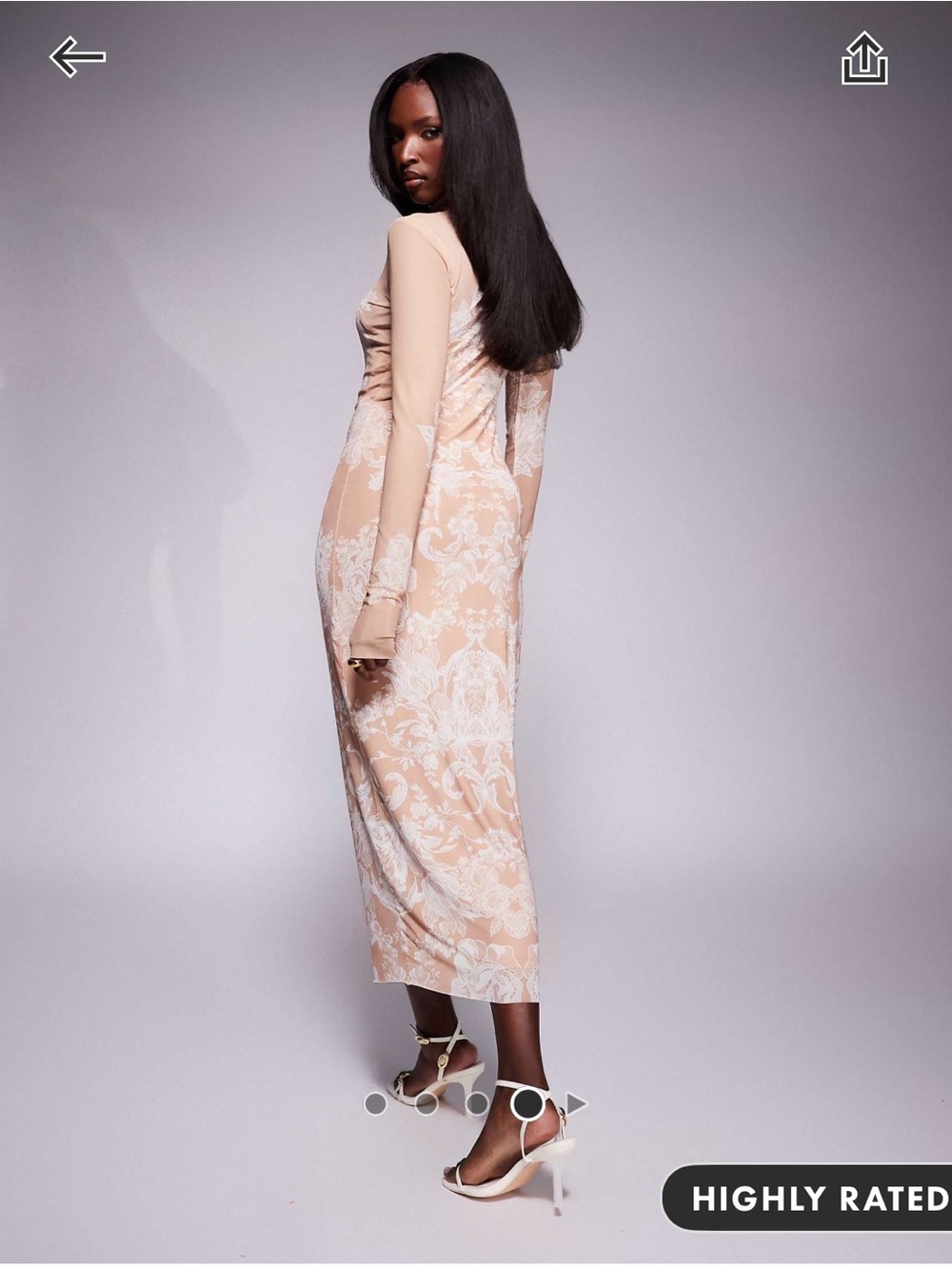 ASOS Beige and White Long Sleeve Lace-Print Midi Dress